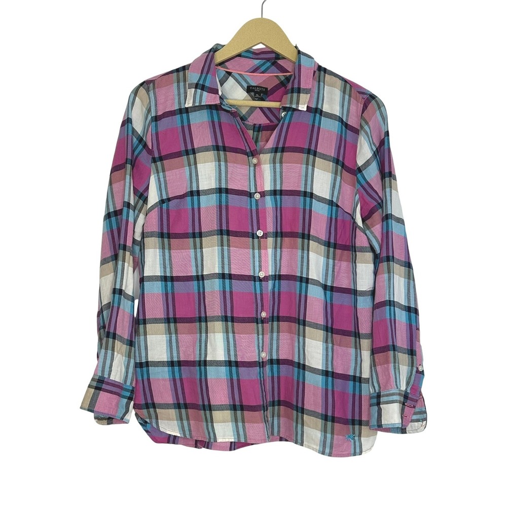 Talbots Plaid Button Down Women Size MP Pink‎ Preppy